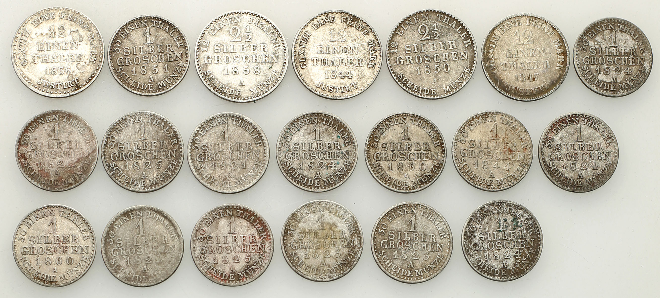 Niemcy, Prusy. 1 do 2 1/2 silbergroschen, 1/12 talara 1821-1858, zestaw 20 monet
